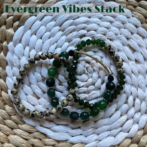 Evergreen bracelet stack.
